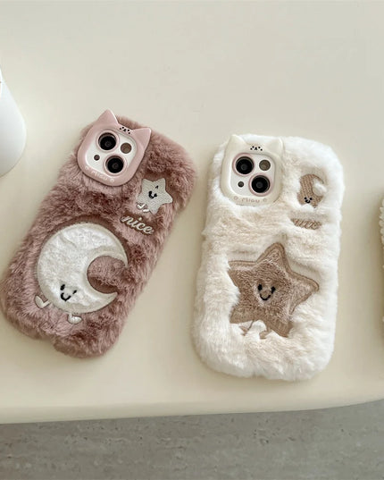 Cute Soft Furry Fluffy Plush Star Moon Phone Case Cover for iPhone