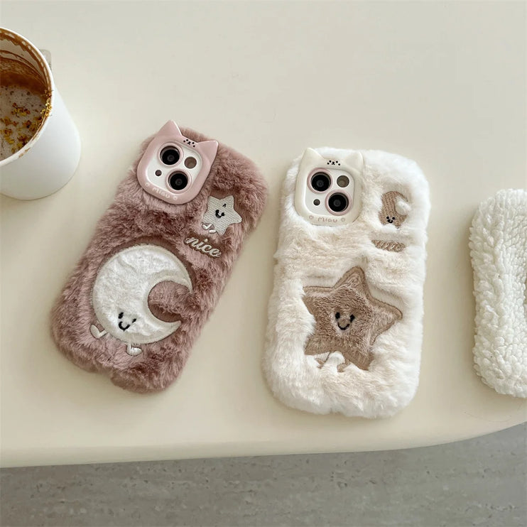 Cute Soft Furry Fluffy Plush Star Moon Phone Case Cover for iPhone