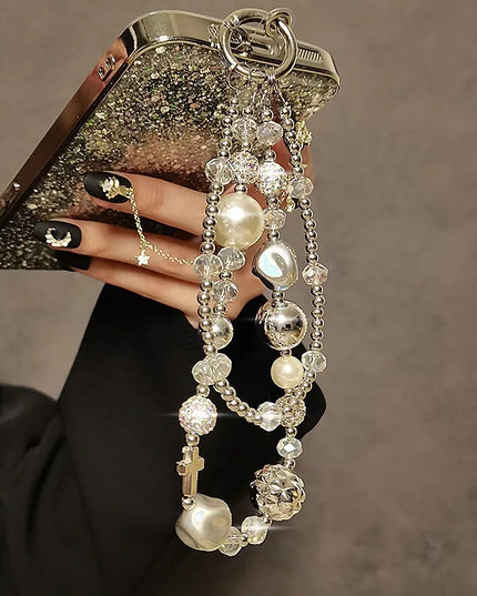 Beautiful Elegant Beaded Crystal Pearl Phone Keychain Wrist Hand Strap