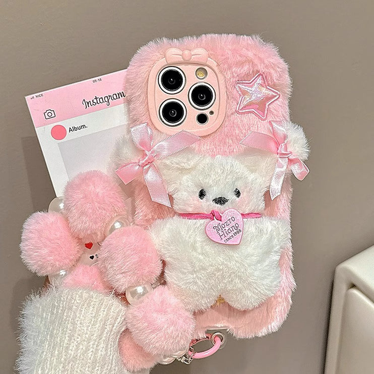 Cute Adorable Soft Pink 3D Plush Bear Wristlet Strap Phone Case Cover for iPhone