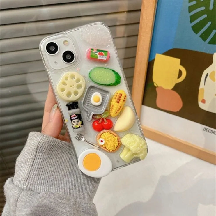 Fun 3D Food Themed Steak Vegetables Clear Protective Phone Case Cover for iPhone