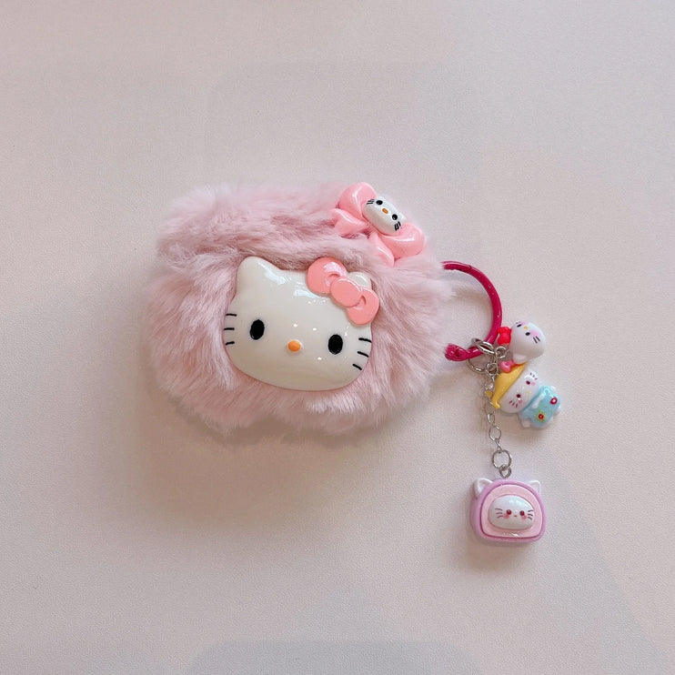 Cute Pink Fluffy Plush Pink Hello Kitty Earphone Headphone Case for AirPods