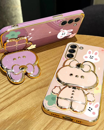 Cute Rabbit Phone Case Cover with Flower Strap & Mirror Stand Holder for Samsung