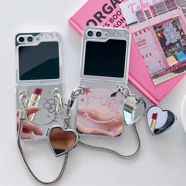 Luxury Hello Kitty Mirror Design Wristlet Strap Phone Case Cover for Samsung Z Flip