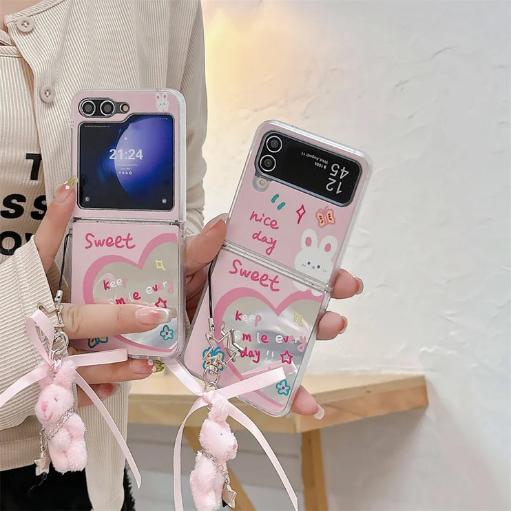 Cute Cartoon Designs Mirror Wristlet Strap Phone Case Cover for Samsung Z Flip