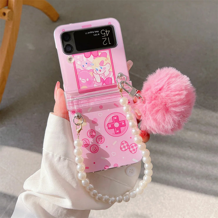 Cute Fluffy Pom Pom Pearl Beaded Wristlet Strap Phone Case Cover for Samsung Z Flip