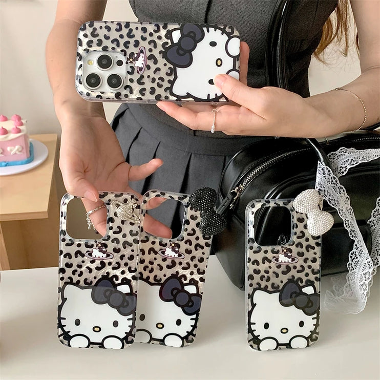 Adorable Hello Kitty Bowknot Leopard Animal Print Phone Case Cover for iPhone