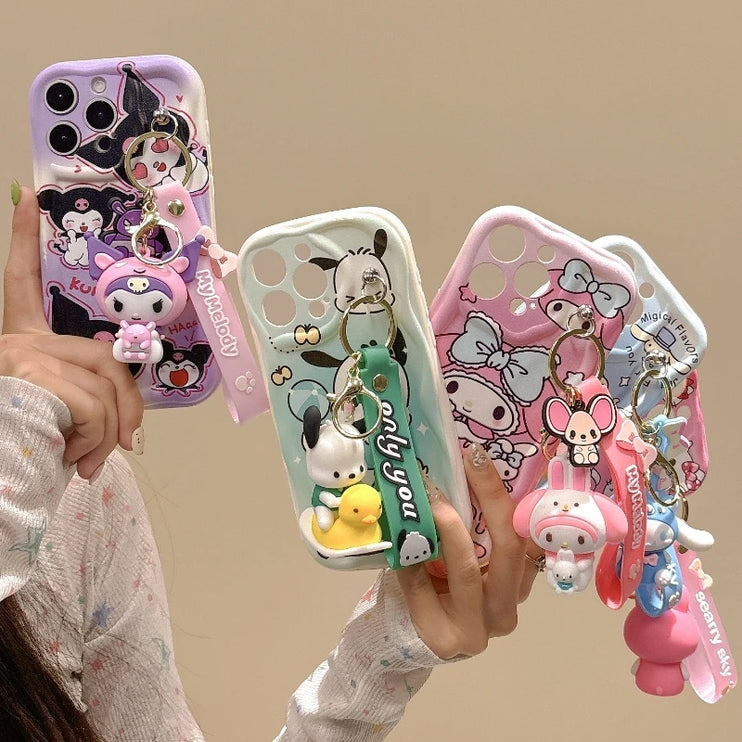 Adorable 3D Sanrio Kuromi My Melody Wavy Design Wrist Strap Phone Case Cover for iPhone