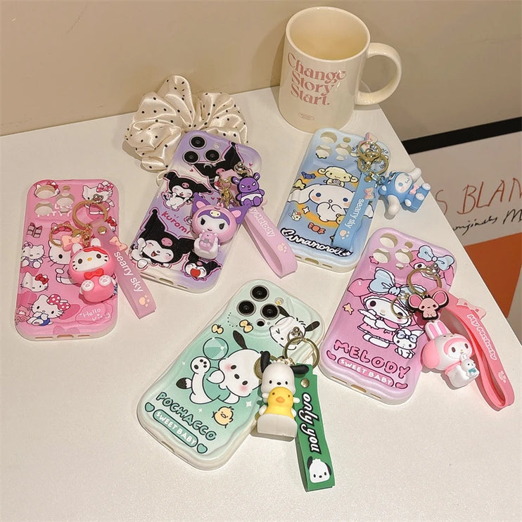 Adorable 3D Sanrio Kuromi My Melody Wavy Design Wrist Strap Phone Case Cover for iPhone