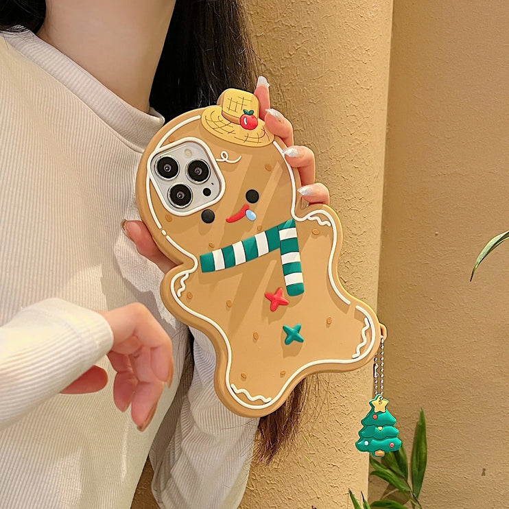 Cute Fun 3D Gingerbread Man Phone Case Cover with Christmas Charm for iPhone