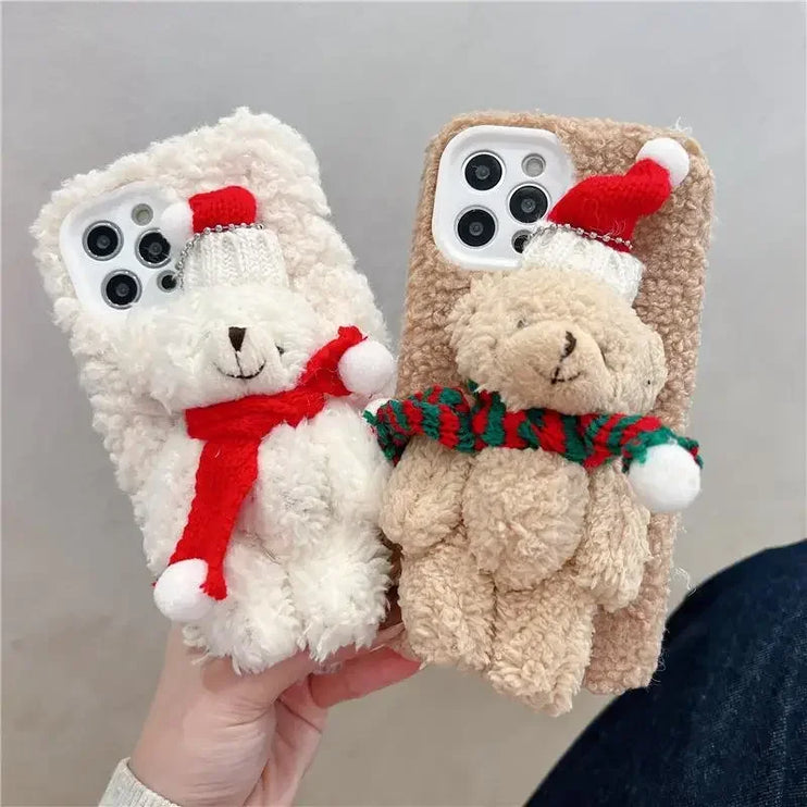 Cute Soft Plush Christmas Holiday Bear Reindeer Phone Case Cover iPhone