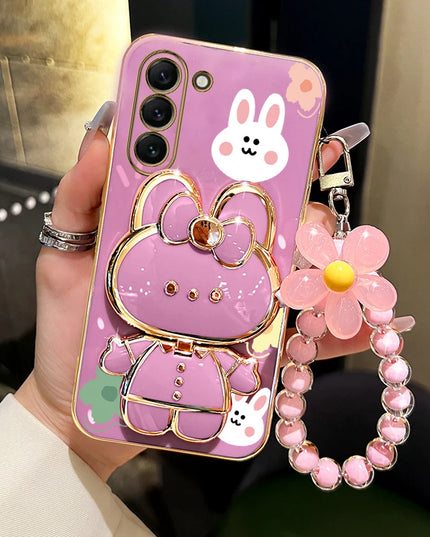 Cute Rabbit Phone Case Cover with Flower Strap & Mirror Stand Holder for Samsung