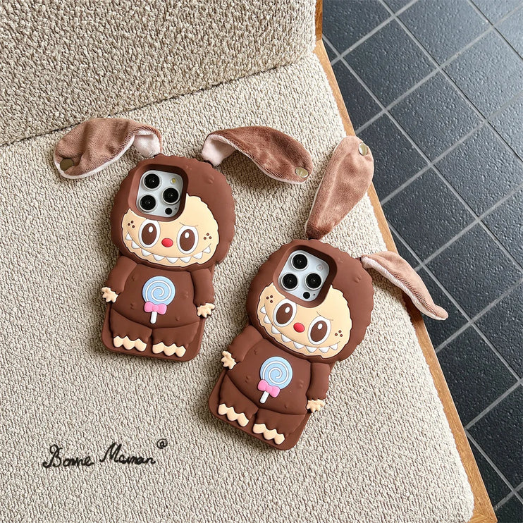 Cute 3D Labubu Fun Ear Closure Carrier Phone Case Cover for iPhone