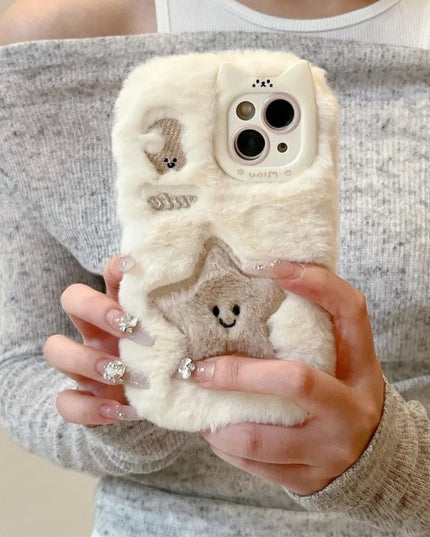 Cute Soft Furry Fluffy Plush Star Moon Phone Case Cover for iPhone