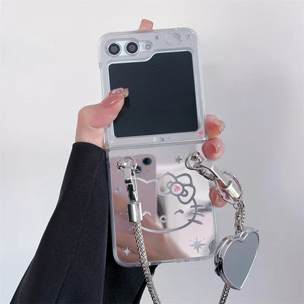 Luxury Hello Kitty Mirror Design Wristlet Strap Phone Case Cover for Samsung Z Flip