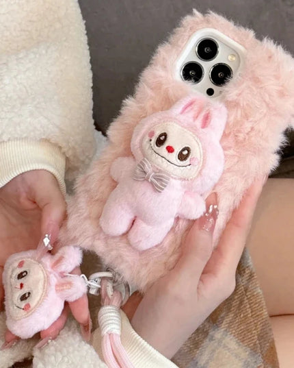 Cute Soft Fluffy Plush Labubu Charm Wristlet Strap Phone Case Cover for iPhone