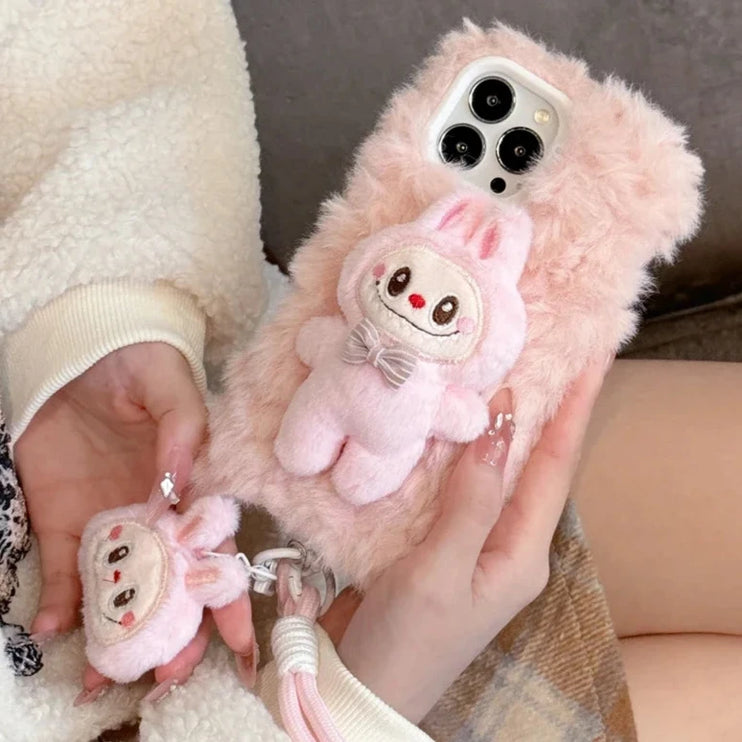 Cute Soft Fluffy Plush Labubu Charm Wristlet Strap Phone Case Cover for iPhone