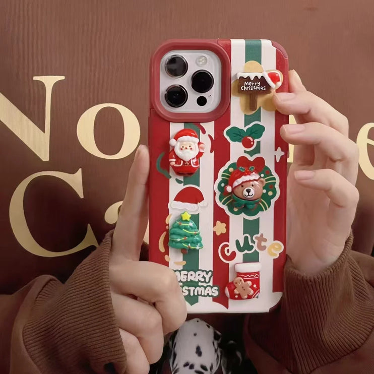 Cute Cartoon Christmas Santa Elk Charm Wristlet Strap Phone Case Cover for iPhone