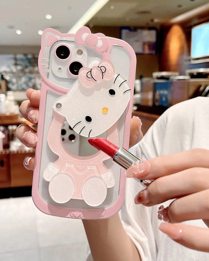 Cute Sanrio Hello Kitty Makeup Mirror Holder Stand Phone Case Cover for iPhone