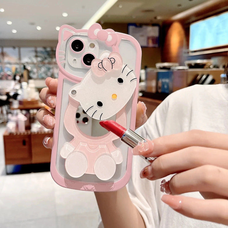 Cute Sanrio Hello Kitty Makeup Mirror Holder Stand Phone Case Cover for iPhone