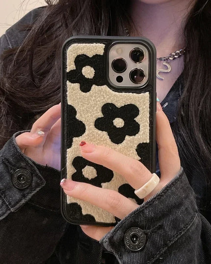 Retro Vintage Soft Fuzzy Plush Flower Pattern Phone Case Cover for iPhone