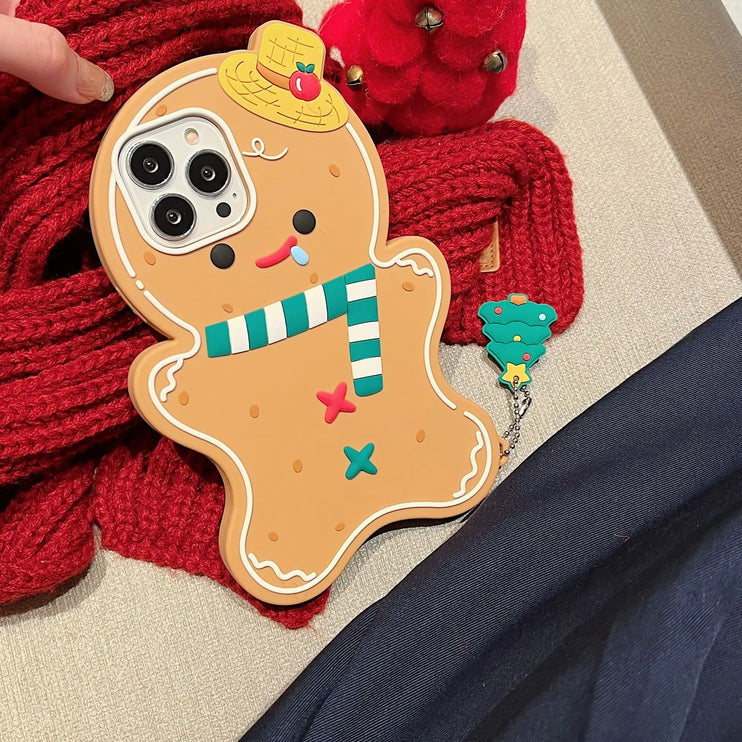 Cute Fun 3D Gingerbread Man Phone Case Cover with Christmas Charm for iPhone