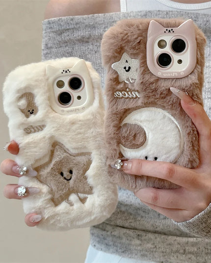 Cute Soft Furry Fluffy Plush Star Moon Phone Case Cover for iPhone