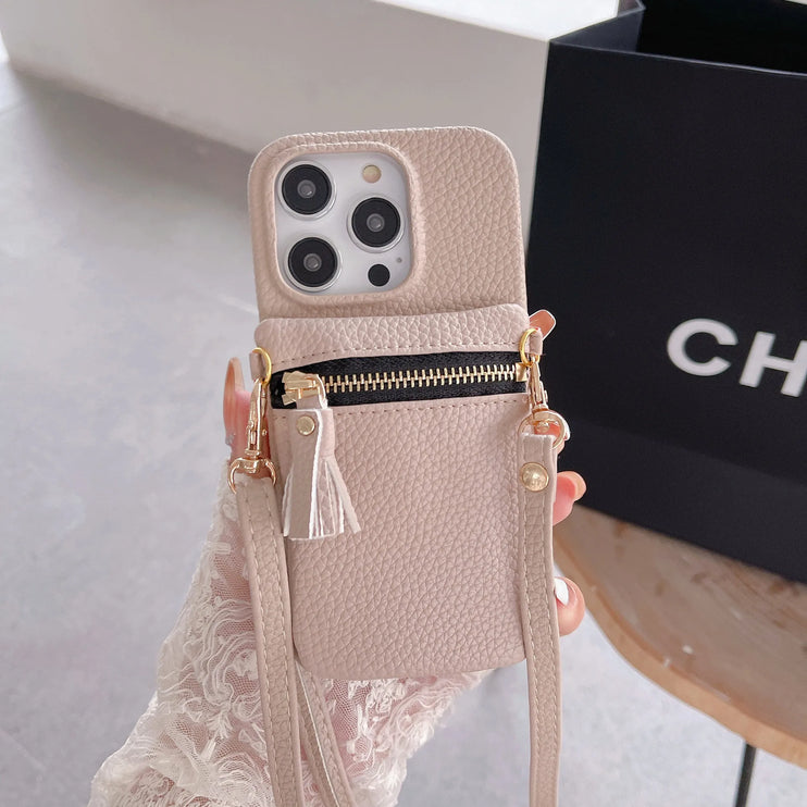 Classic Zipper Wallet Leather Crossbody Phone Case Cover for iPhone