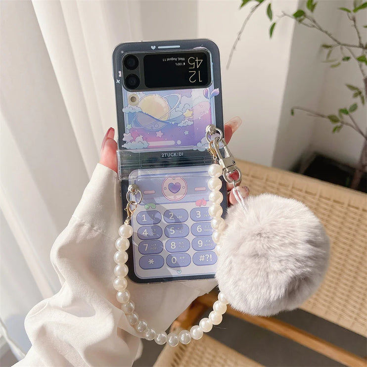 Cute Fluffy Pom Pom Pearl Beaded Wristlet Strap Phone Case Cover for Samsung Z Flip