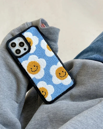 Cozy Soft Plush Smiley Flower Phone Case Cover for iPhone