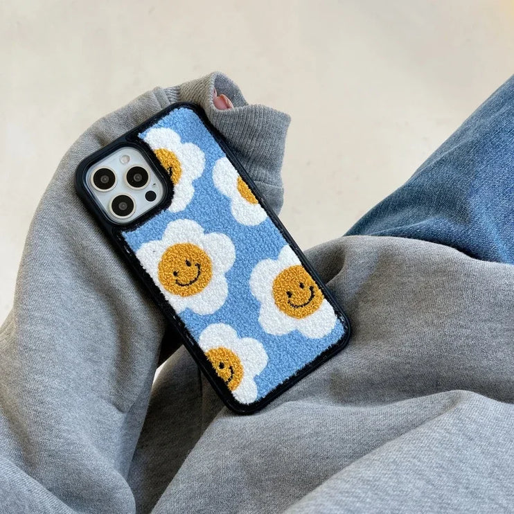 Cozy Soft Plush Smiley Flower Phone Case Cover for iPhone