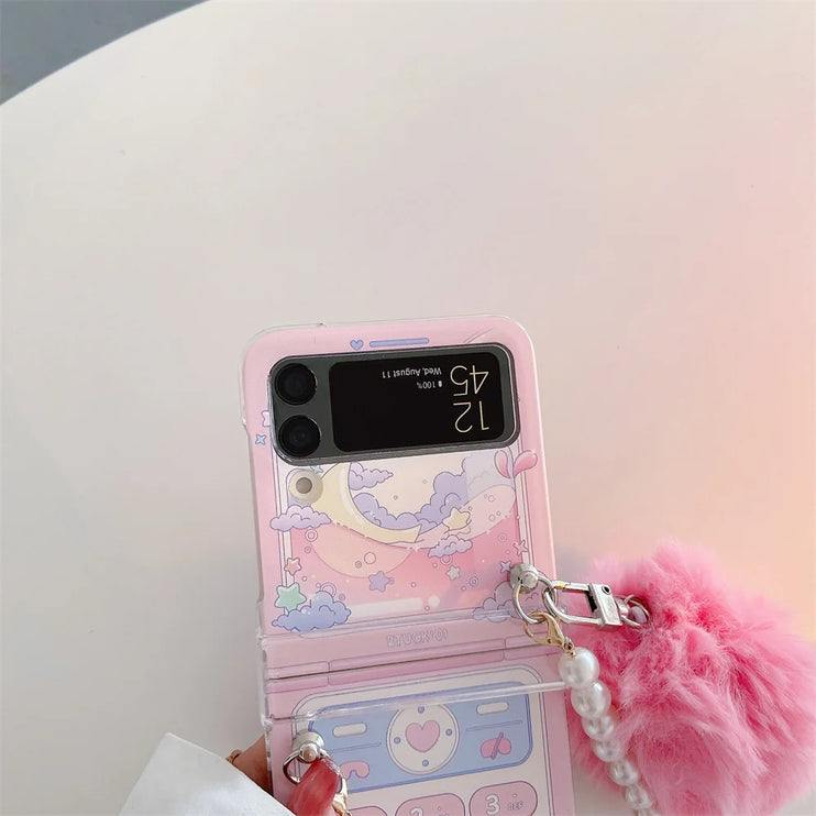 Cute Fluffy Pom Pom Pearl Beaded Wristlet Strap Phone Case Cover for Samsung Z Flip