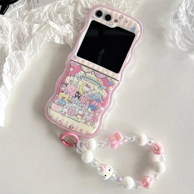 Cute Sanrio Hello Kitty Beaded Charms Wristlet Strap Phone Case Cover for Samsung Z Flip