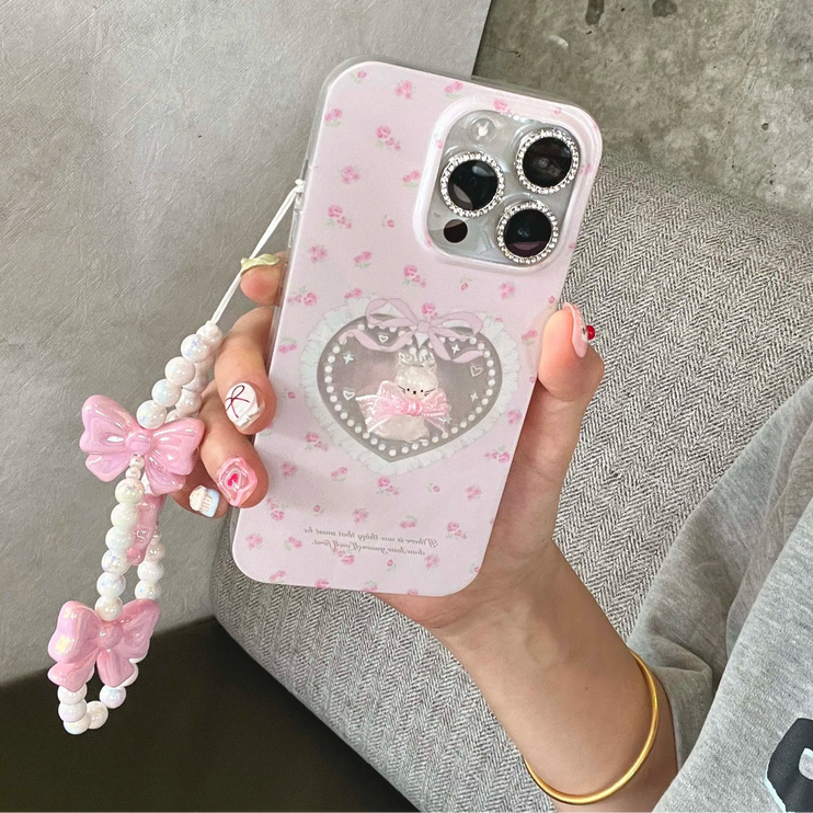 Cute 3D Crystal Cat Bow Beaded Wrist Strap Phone Case Cover for iPhone