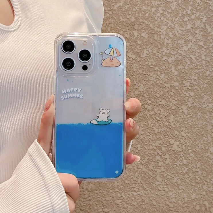 Fun Unique Cute Puppy Ocean Surfing Quicksand Liquid Phone Case Cover For iPhone