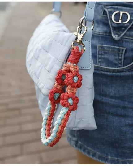 Boho Knitted Daisy Flower Handwoven Wristlet Keychain Phone Bag Charm Strap