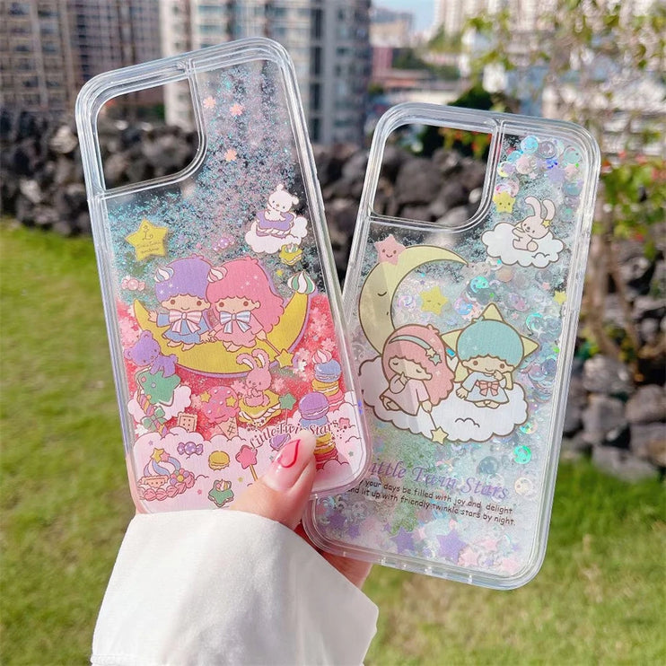 Cute Twin Stars Liquid Glitter Quicksand Phone Case Cover iPhone