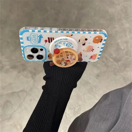 Cute Waffle Cake Magnetic Holder MagSafe Wireless Charging Phone Case for iPhone