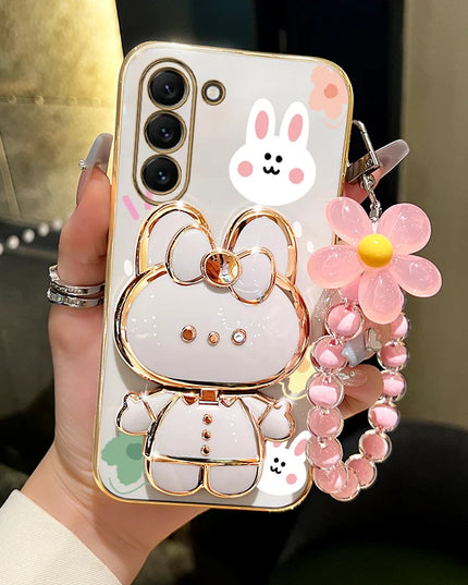 Cute Rabbit Phone Case Cover with Flower Strap & Mirror Stand Holder for Samsung