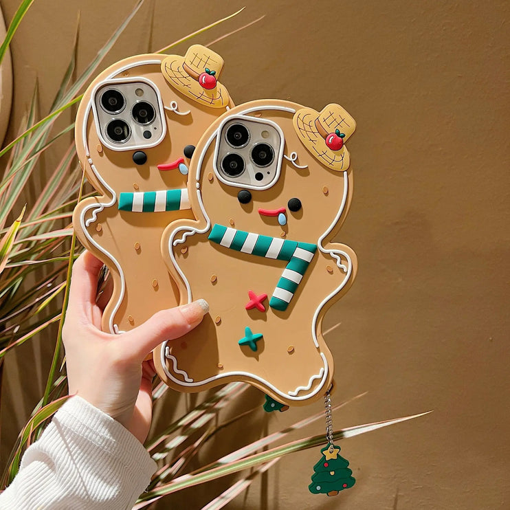 Cute Fun 3D Gingerbread Man Phone Case Cover with Christmas Charm for iPhone