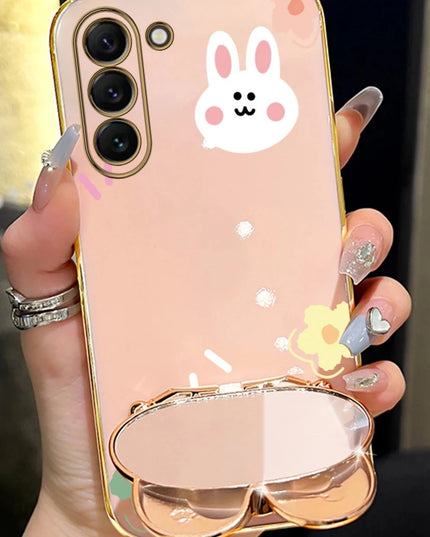 Cute Rabbit Phone Case Cover with Flower Strap & Mirror Stand Holder for Samsung