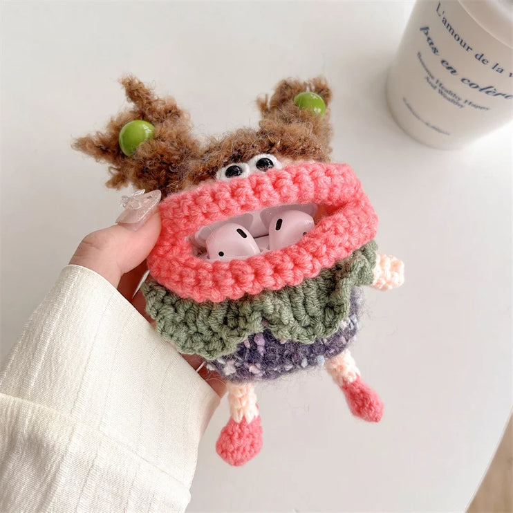 Cute Long Pigtails Knitted Wool Plush Girl Earphone Headphone Case Cover AirPods