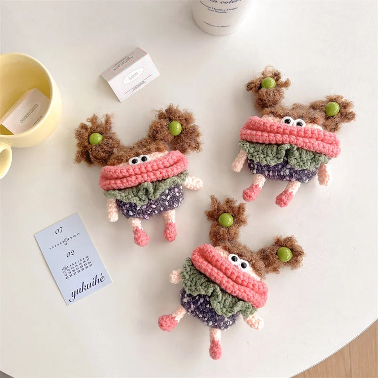 Cute Long Pigtails Knitted Wool Plush Girl Earphone Headphone Case Cover AirPods