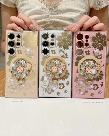 Luxury Flower Butterfly Magnetic Wireless Charge Ring Stand Phone Case for Samsung