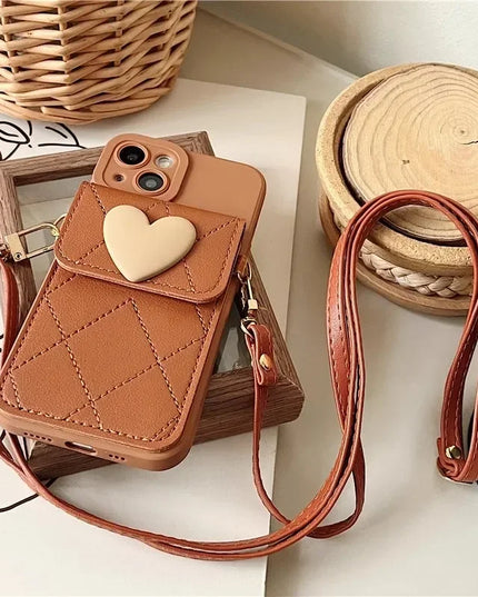 Cute 3D Heart Card Holder Wallet Crossbody Phone Case Cover for iPhone