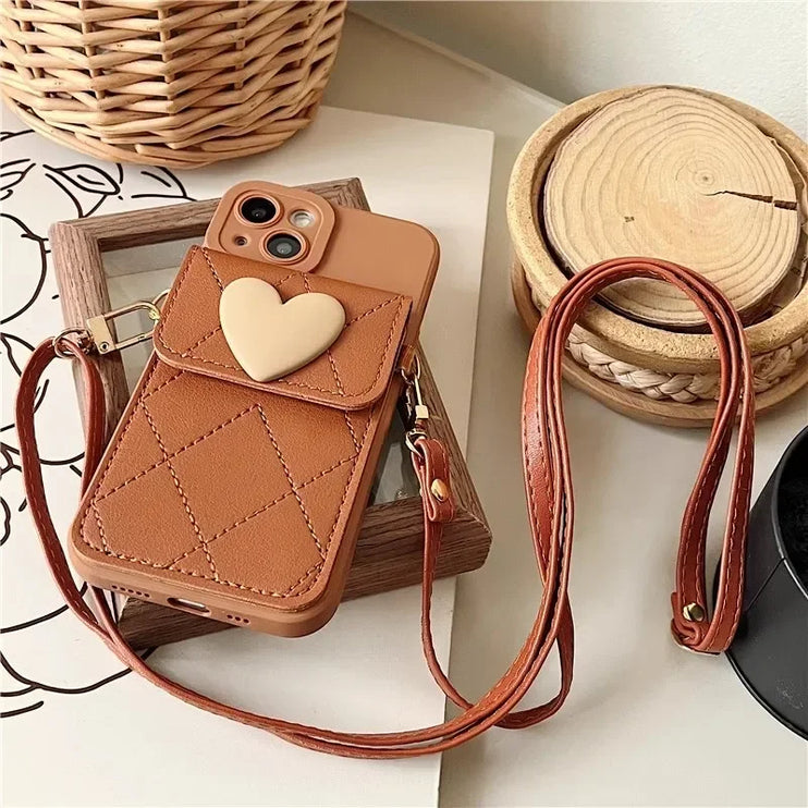 Cute 3D Heart Card Holder Wallet Crossbody Phone Case Cover for iPhone