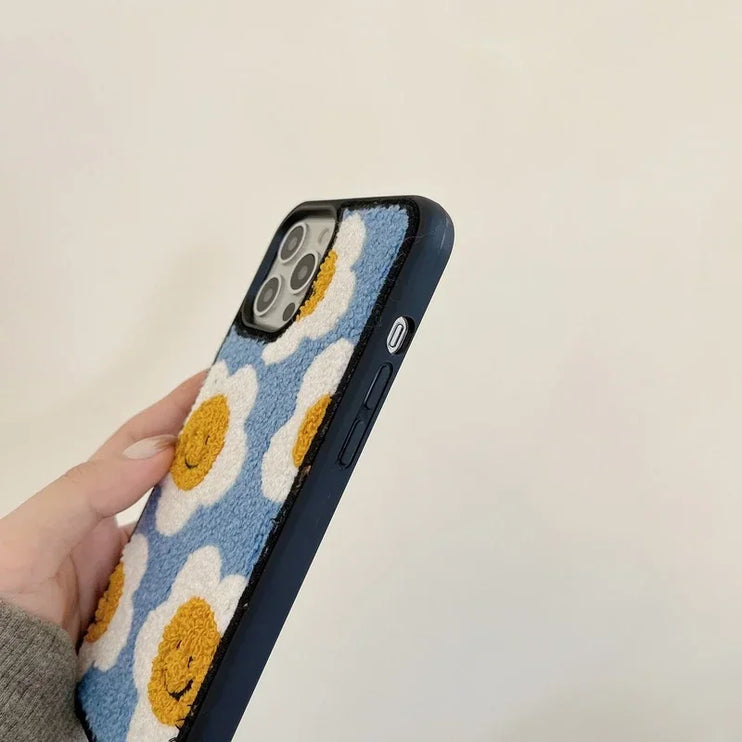 Cozy Soft Plush Smiley Flower Phone Case Cover for iPhone