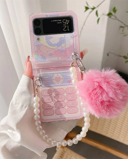 Cute Fluffy Pom Pom Pearl Beaded Wristlet Strap Phone Case Cover for Samsung Z Flip