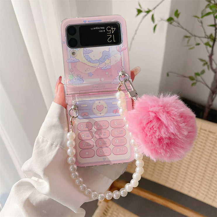 Cute Fluffy Pom Pom Pearl Beaded Wristlet Strap Phone Case Cover for Samsung Z Flip