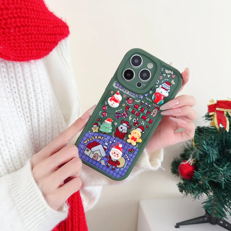 3D Cartoon Christmas Phone Case with Santa Claus Reindeer Festive Design for iPhone